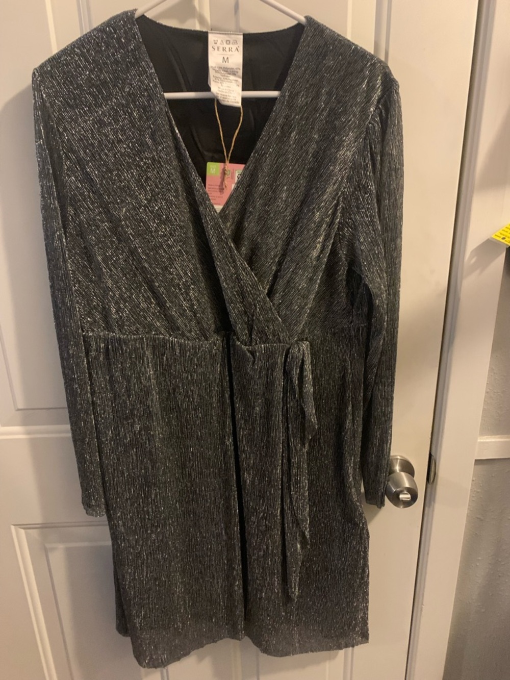Serra Shimmering Silver Wrap Dress with Drape Waist- Size M